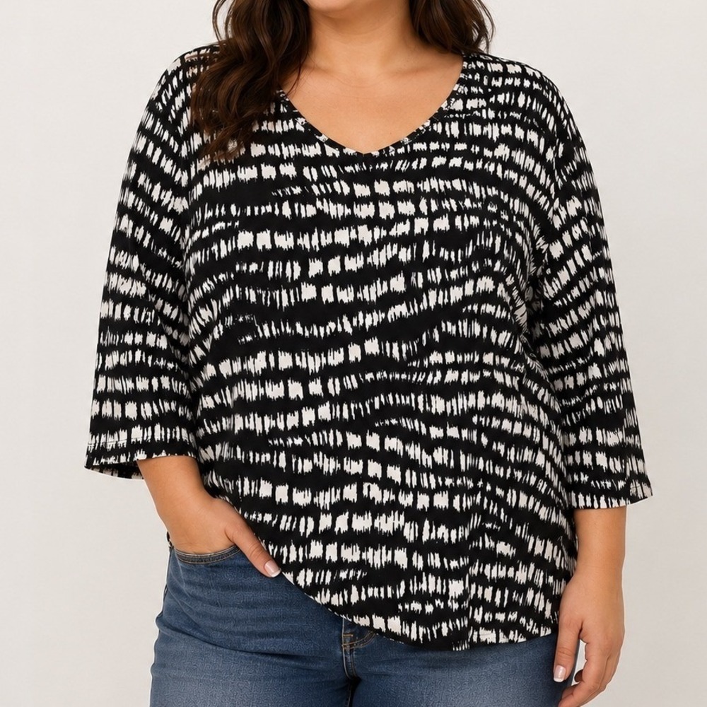 Susan Graver 2X Abstract Animal Print Tunic Top 3/4 Sleeve Stretch Plus Size